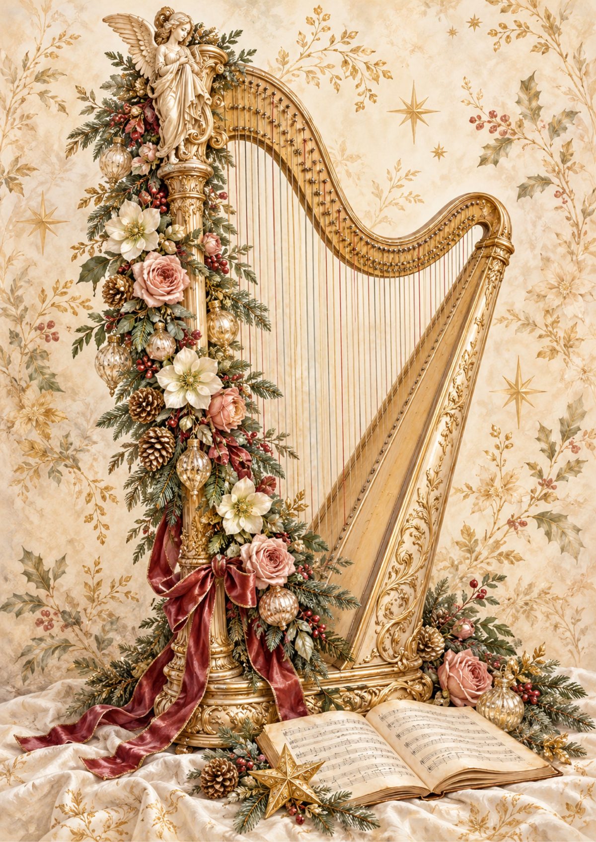 Golden harp decoupage rice paper design