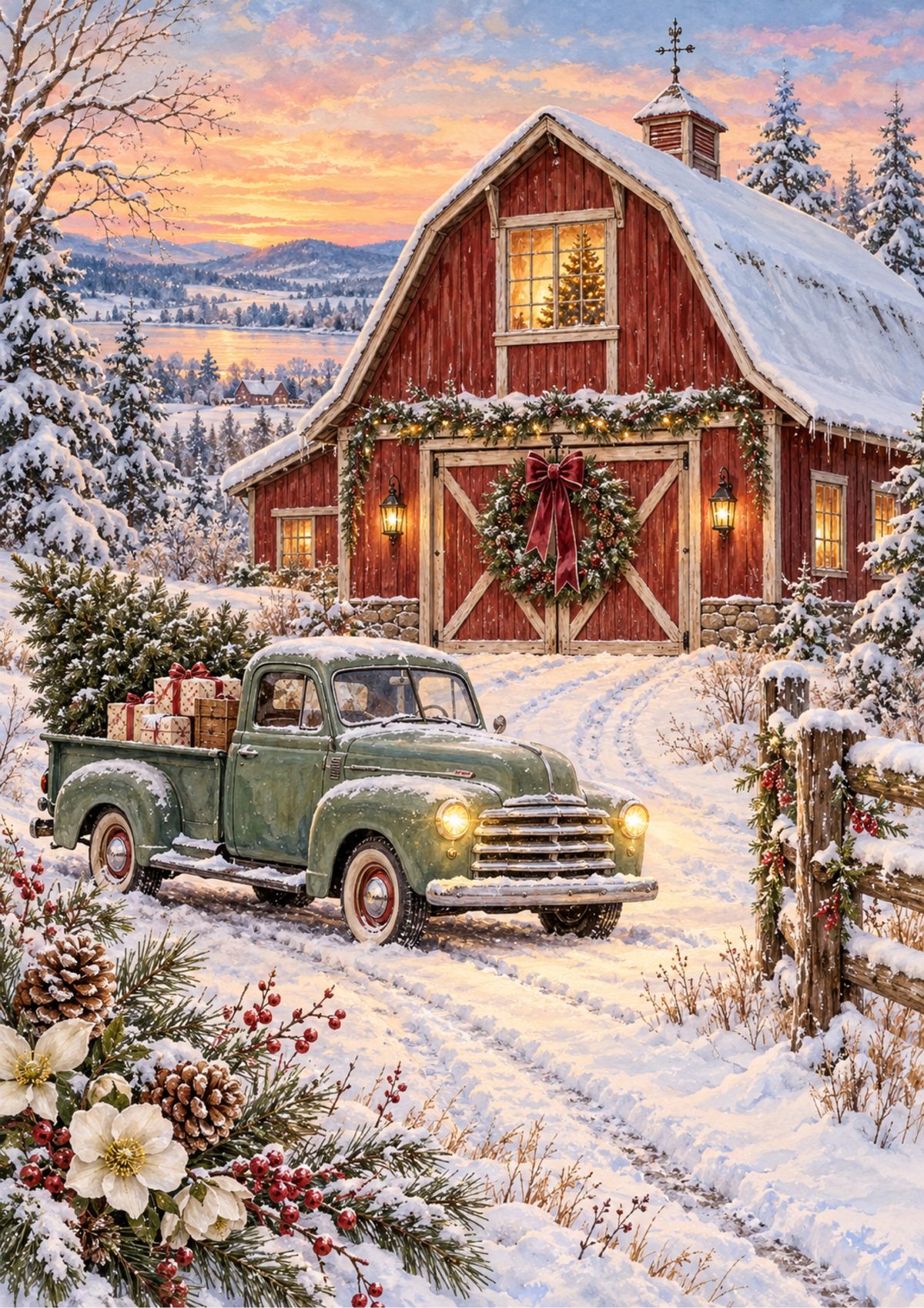 Red barn & truck decoupage rice paper design