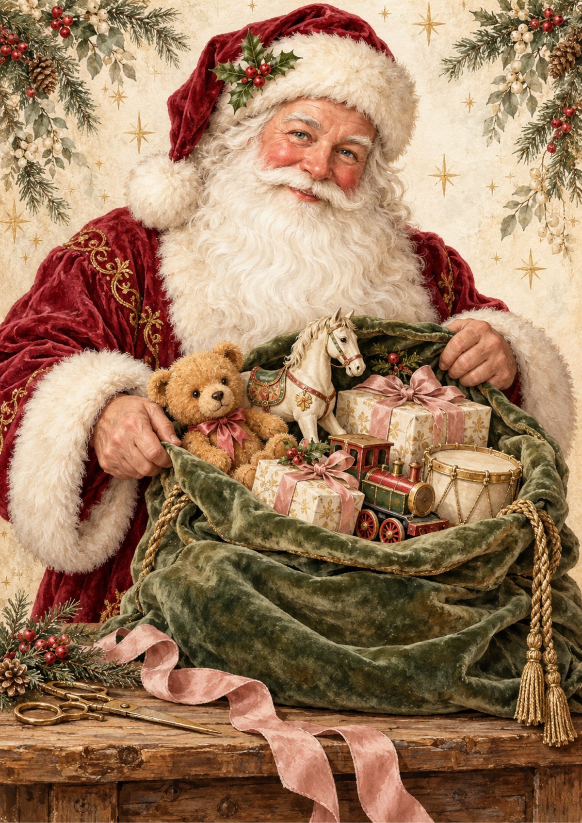 Santa with toy bag decoupage rice paper design