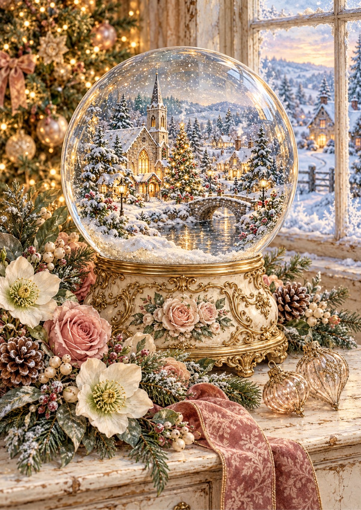 Snow Globe Village decoupage rice paper design