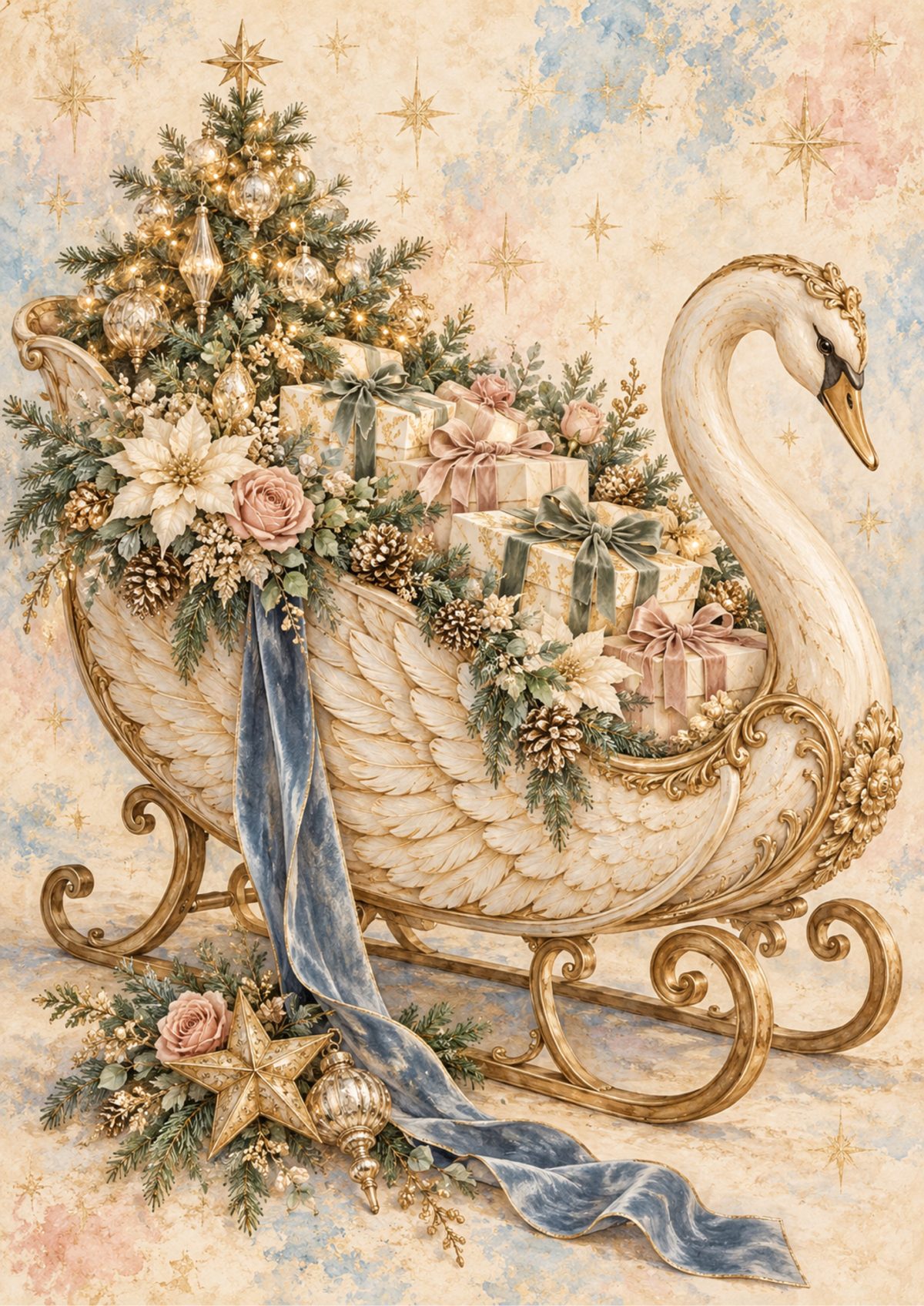 Swan sleigh decoupage rice paper design
