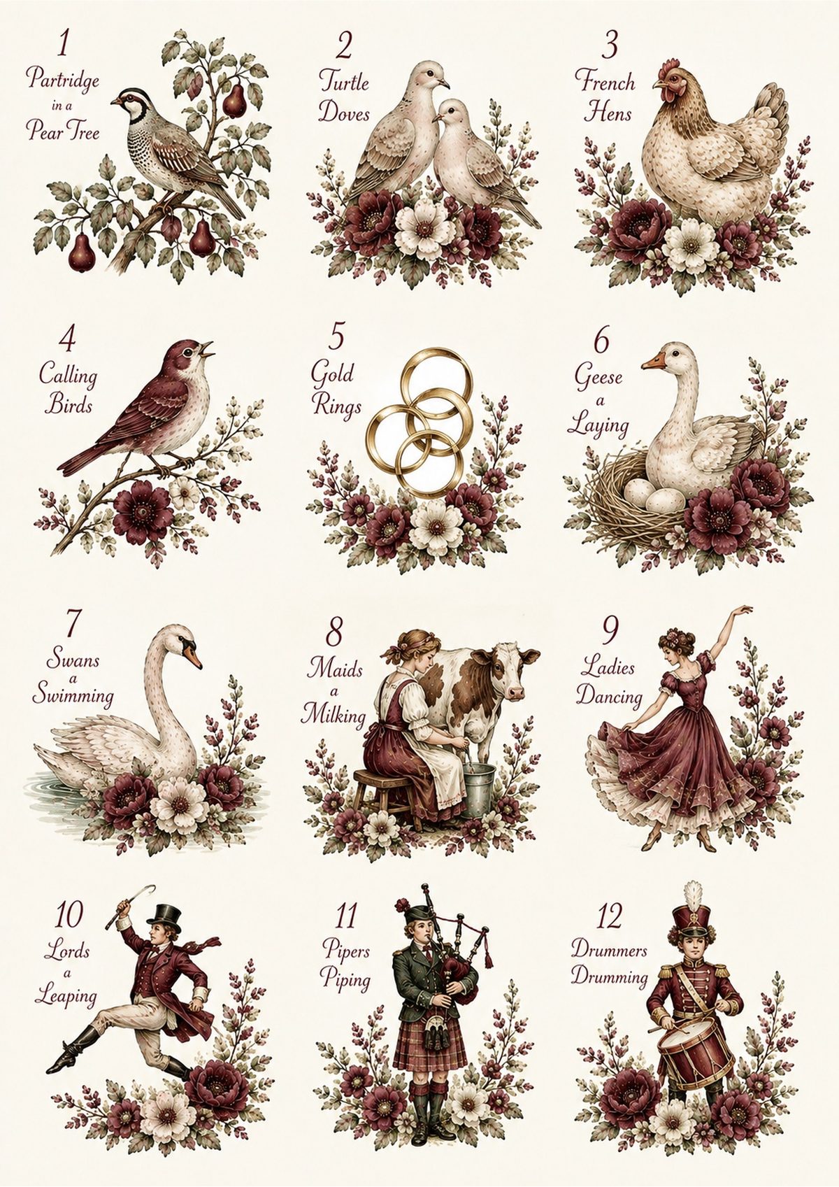 Twelve Days of Christmas Clipart decoupage rice paper design