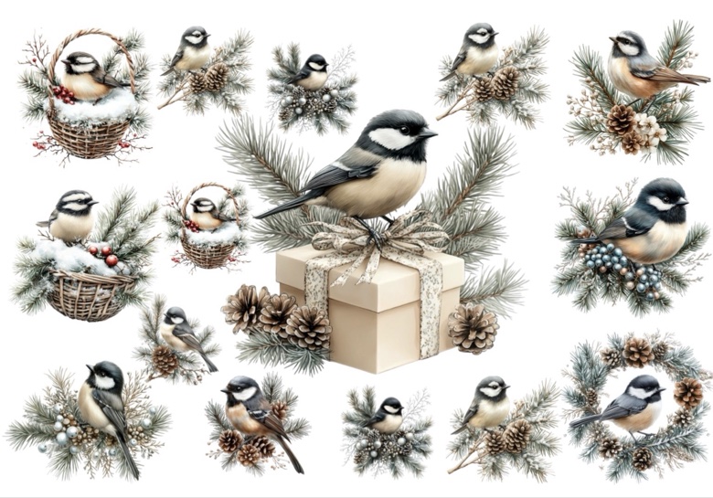 Chickadees with pinecones, berries and Christmas gifts — winter bird rice paper collection