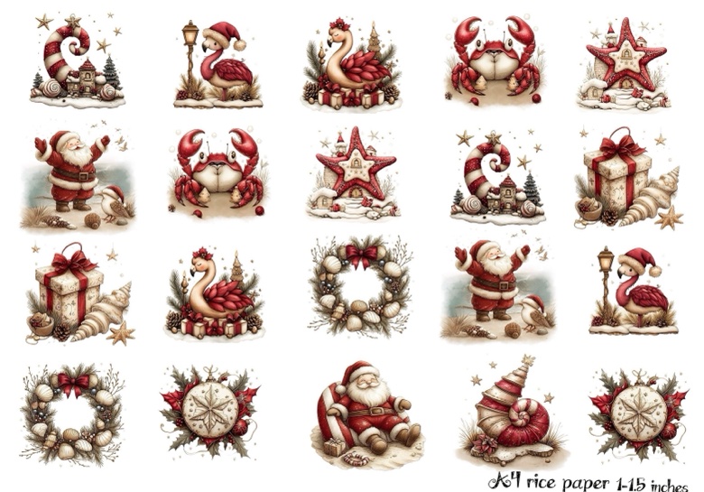 Coastal Christmas — flamingos, crabs and starfish in Santa hats, beachy holiday rice paper collection