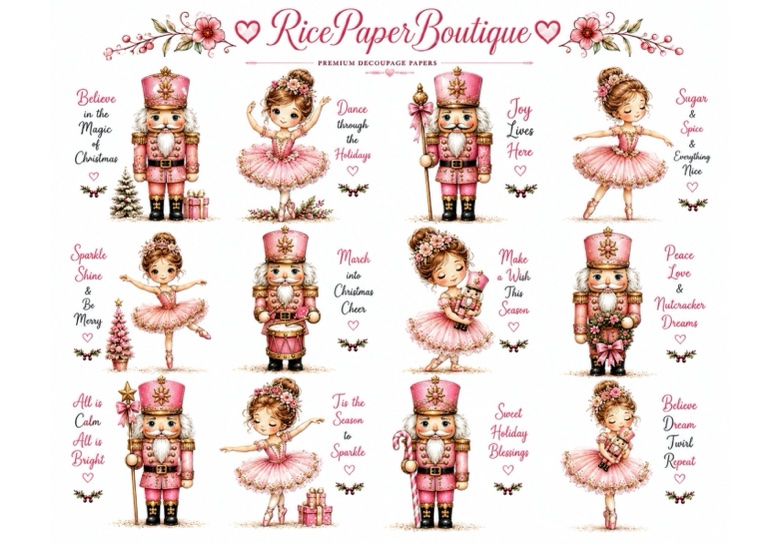 Pink nutcrackers and ballerinas — whimsical pink Christmas rice paper collection