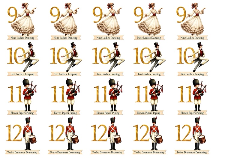 A sheet of Twelve Days of Christmas decoupage rice paper designs
