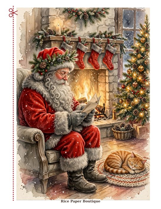 A finished decoupage Santa piece displayed by a cozy fireplace
