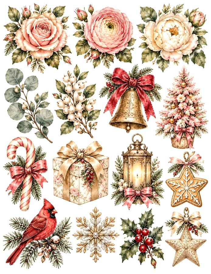 Pink Roses Christmas Elements