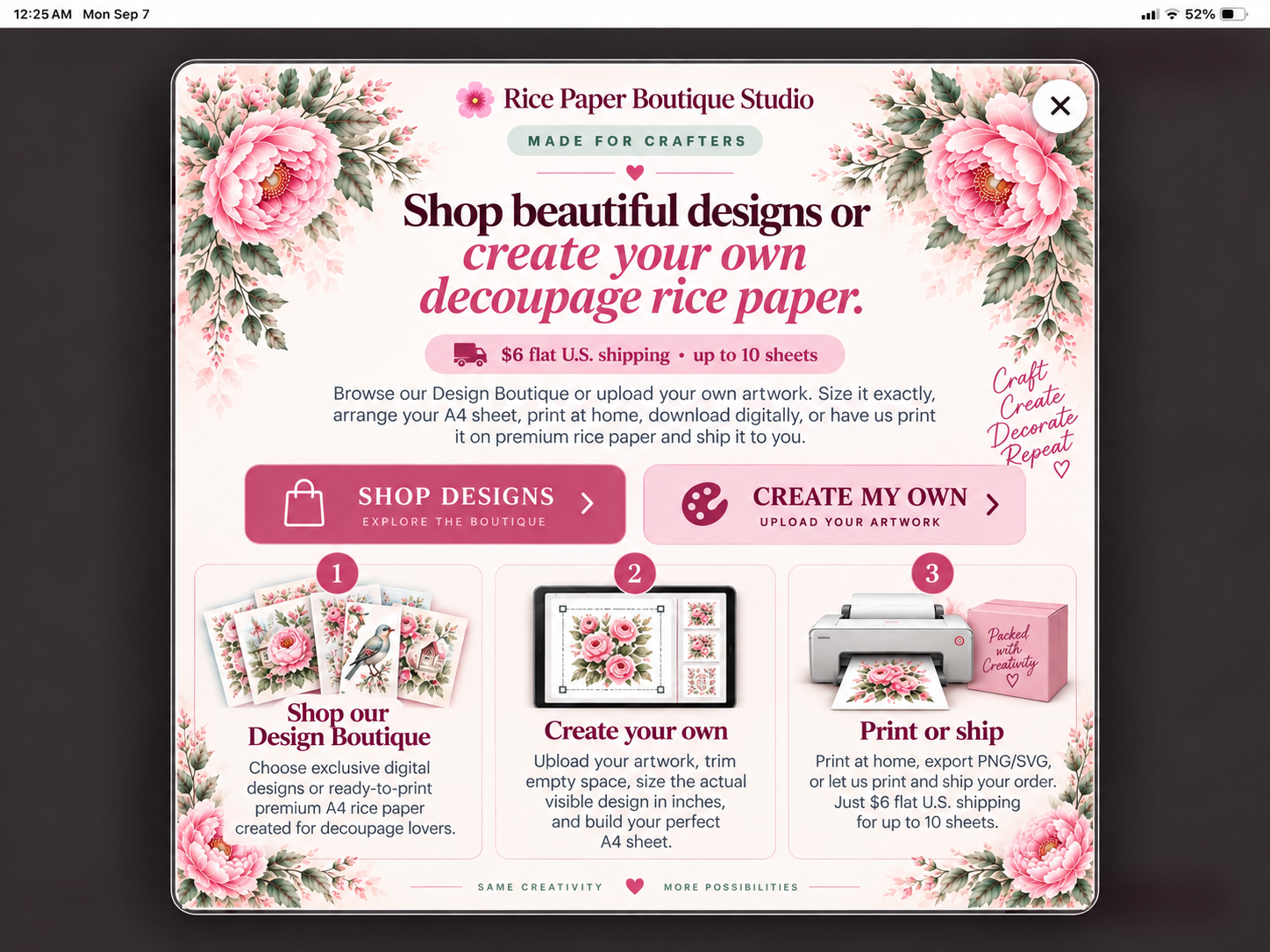 Rice Paper Boutique Studio welcome screen: shop beautiful decoupage designs or create your own, then print at home or have premium A4 rice paper shipped for $6 flat U.S. shipping up to 10 sheets.